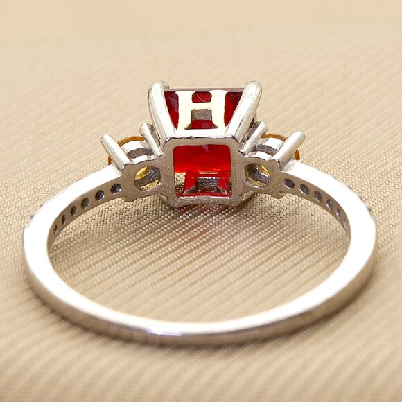 Vintage 925 Silver Ring with Red & Yellow CZ Stones, CZ Pave, Sz 7 Cocktail Ring - Picture 5 of 11